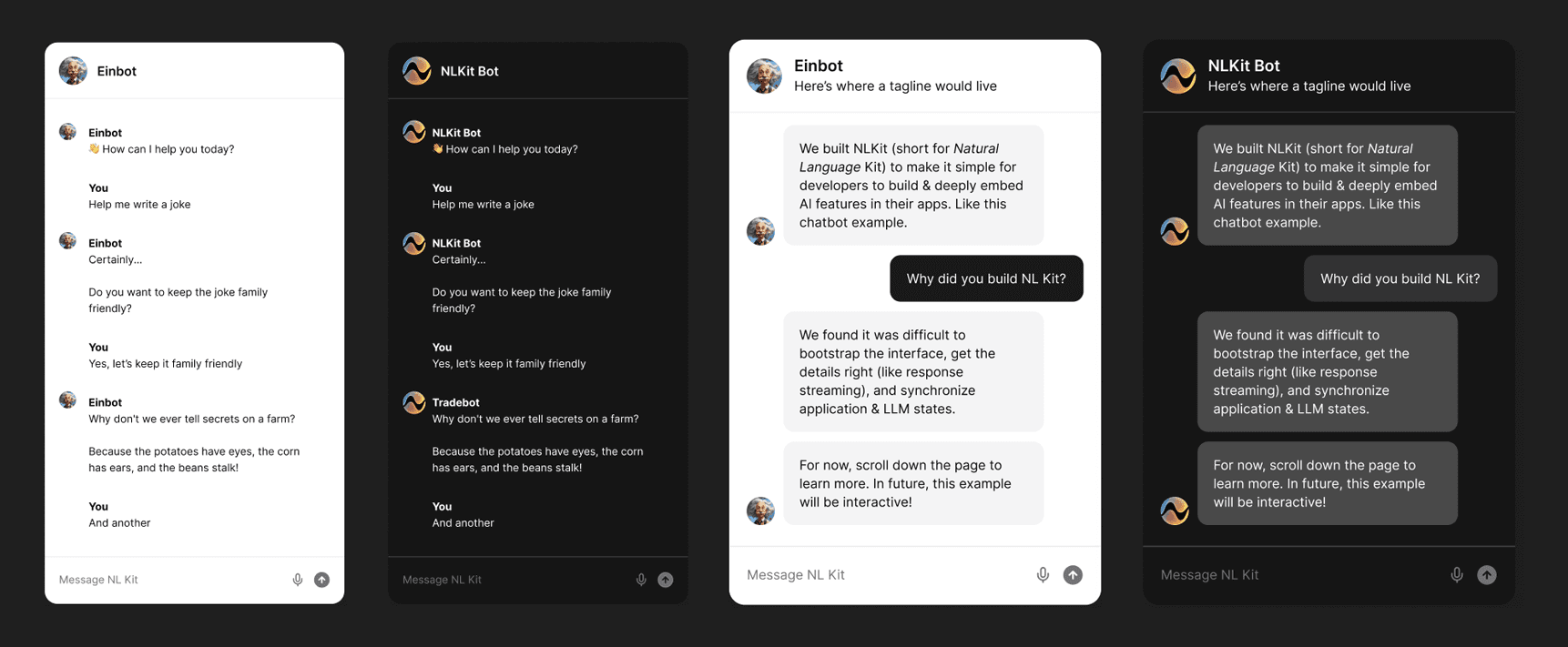 NLUX Nova theme showing conversation layouts in light and dark modes
