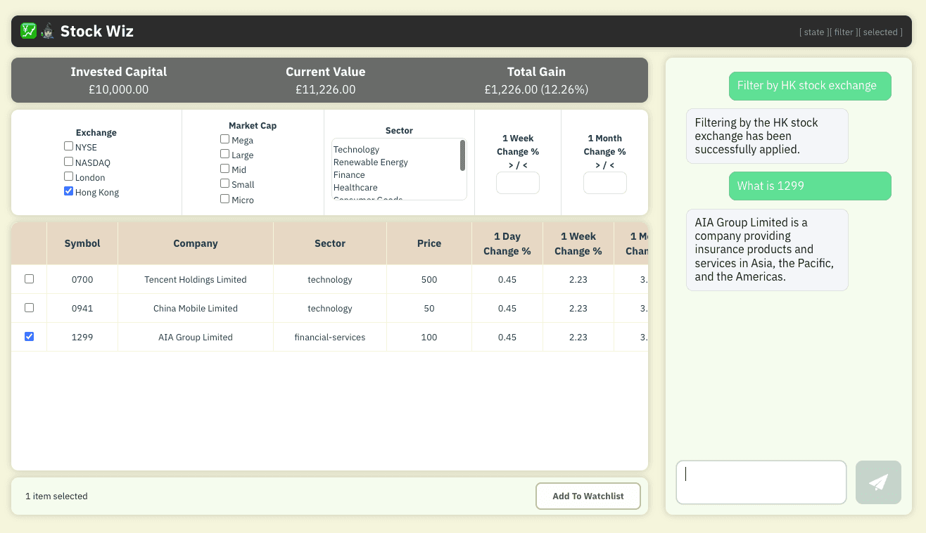 Stock Wiz demo: an NLUX assistant applies a Hong Kong exchange filter and explains a stock ticker beside a portfolio table