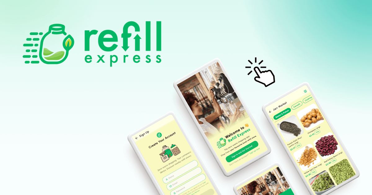 Original Refill Express branding and mobile app screens showing account creation, the welcome screen, and a refill shop’s product catalogue