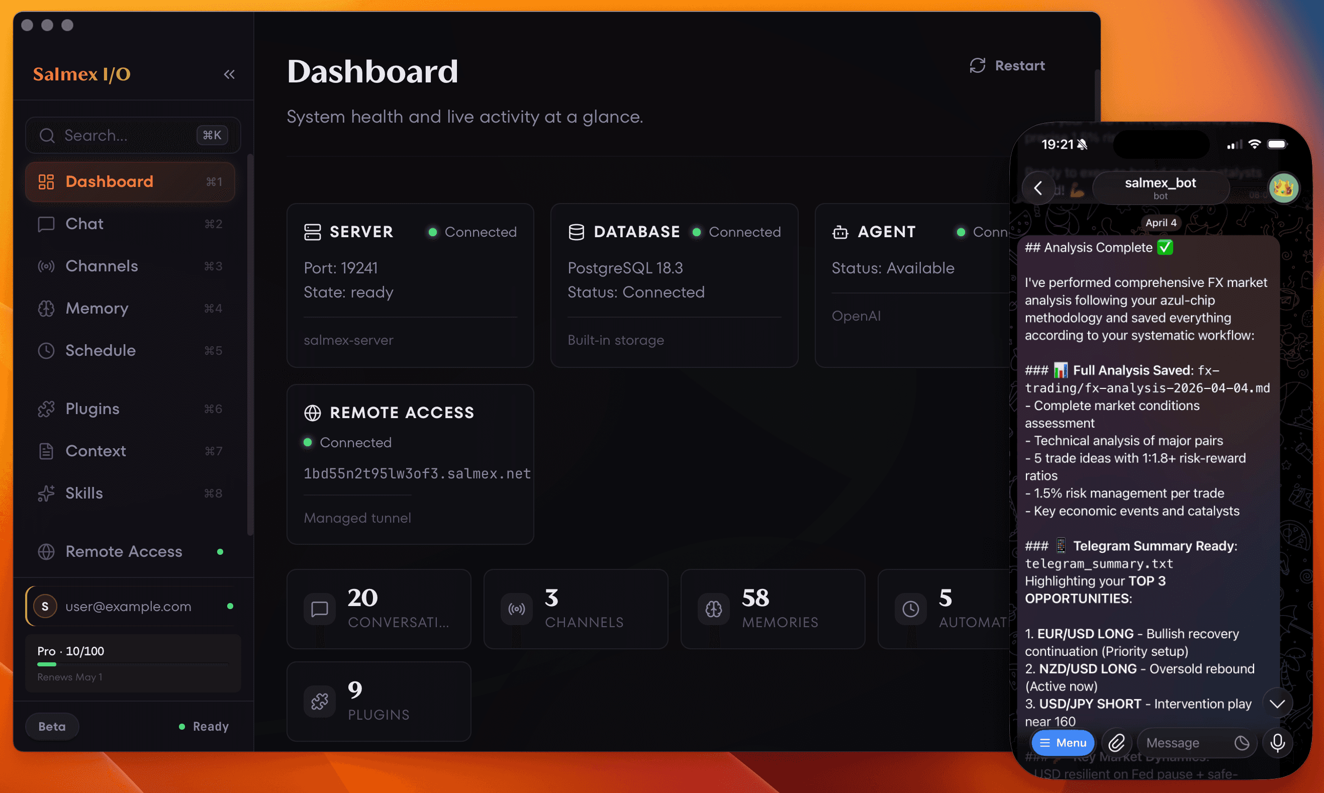 Salmex I/O desktop dashboard alongside its Telegram assistant